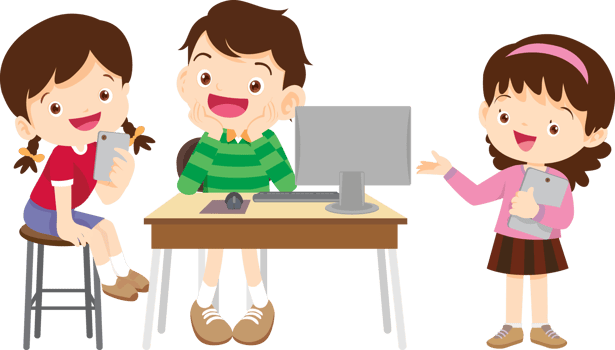 Group of young learners discussing an online lesson png