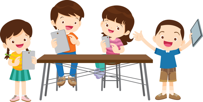Group of students studying together using computers and tablets png