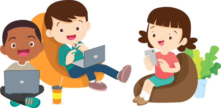 Happy pupils interacting in an online classroom discussion png