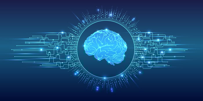 Creative brain concept background with digital artificial intelligence icon hologram 3D rendering. vector