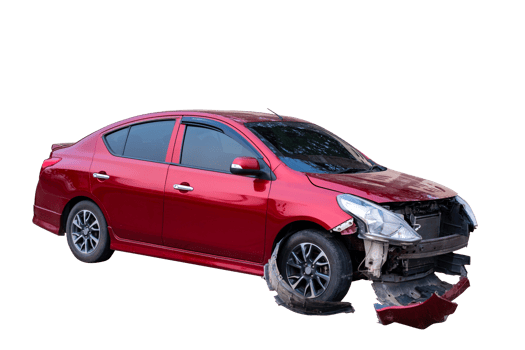 Car crash, Full body front and side view of red car get damaged by accident on the road. damaged cars after collision. Isolated on transparent background, car crash broken, File png