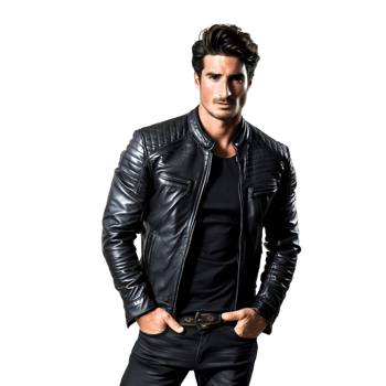 Handsome Actor in Jeans and Black Leather Jacket Posing isolated on transparent background png