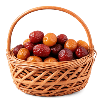 Dried jujube fruits in a celebratory wicker basket deep red with a wrinkled texture png