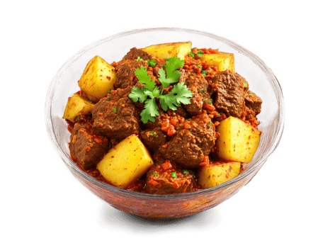 Beef Vindaloo spicy and tangy with potatoes served in a transparent glass bowl fiery png