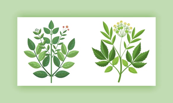 two illustrations of herbs on a green background vector