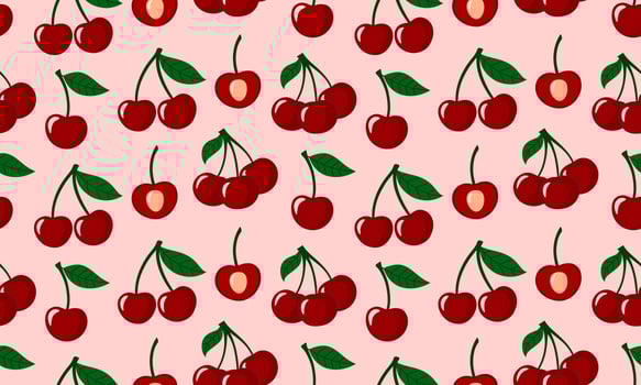 Seamless pattern with Cherry berry. Juicy ripe cherries with leaves. Summer berries background. Flat illustration vector