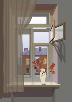 A vase of flowers on a windowsill overlooking the city. . vector
