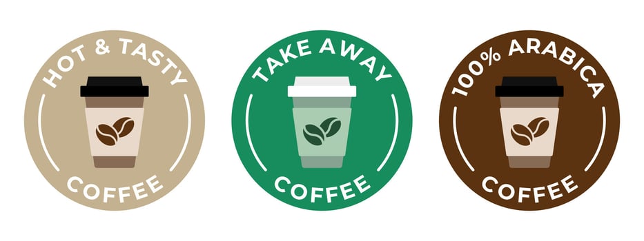 Coffee shop stickers set. Coffee cup take away illustration. Hot and tasty beverage emblem, badge, sign, symbol, stamp or seal. 100 arabica circle logotype. vector