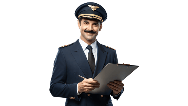 Confident Pilot With Uniform and Clipboard Smiling png