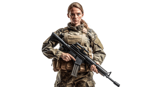 Female Soldier in Camouflage Uniform Holding Rifle png