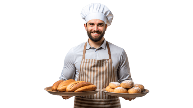 Smiling Chef Presenting Fresh Baked Bread and Pastries png