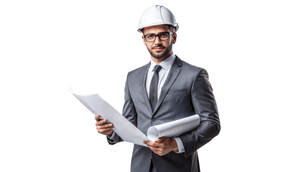 Professional Architect Holding Blueprints in Suit and Safety Helmet png
