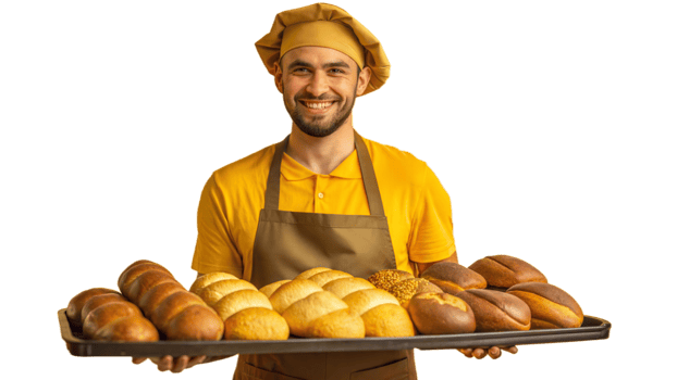 Smiling Baker Holding Tray of Freshly Baked Bread png