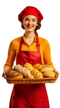 Smiling Baker Holding Fresh Bread Basket in Red Apron png