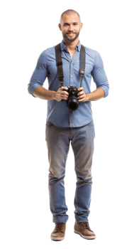 Happy Photographer Holding Camera In Denim Outfit png