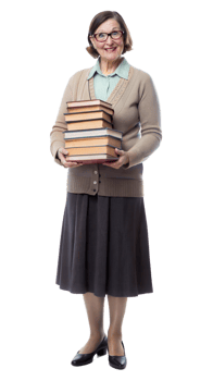 Elderly Woman Holding Stack Of Books Smiling In Library png