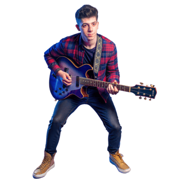 Young Man Playing Electric Guitar in Plaid Shirt png