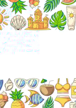 Summer vertical a4 poster, colorful beach elements, accessories icons. Upper and bottom border frame, copy space, isolated on white. For card, banner, invitation, social media, planner or cover vector
