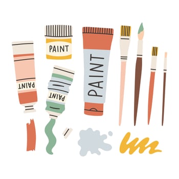 Painting tools elements set in cartoon style. Art supplies paint tubes, brushes, brush strokes. vector