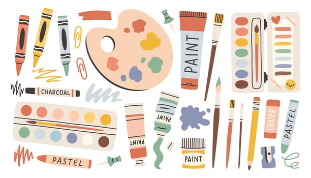 Set with painting tools elements, cartoon style. Paint tubes, brushes and stationery. Trendy modern illustration isolated on white, hand drawn, flat design. vector