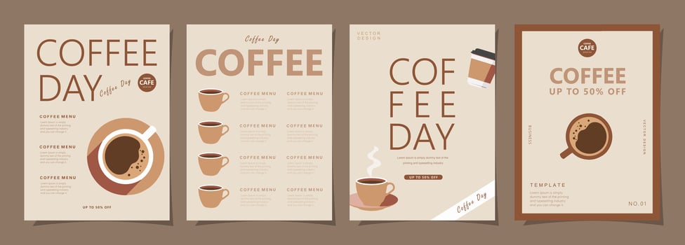 Set of minimal background templates with coffee beans and coffee mug for invitations, cards, banner, brochure, poster, cover, cafe menu or another design. vector