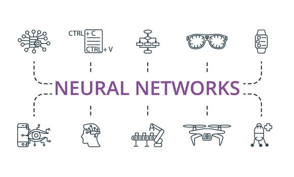 Neural Networks icon set. Monochrome simple Neural Networks icon collection. Big Data, Pattern, Algorithm, Smart Glasses, Smart Watch, Smart Lens, Neural Interface, Robotic Conveyor, Air Drone vector
