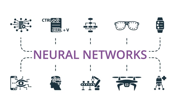 Neural Networks icon set. Monochrome simple Neural Networks icon collection. Big Data, Pattern, Algorithm, Smart Glasses, Smart Watch, Smart Lens, Neural Interface, Robotic Conveyor, Air Drone vector