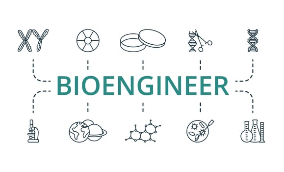 Bioengineer icon set. Monochrome simple Bioengineer icon collection. Chromosome, Nuclear, Petri Cup, Genetic Engineering, Dna, Microscope, Planetology, Molecular Structure, Bacteriology, Chemical vector