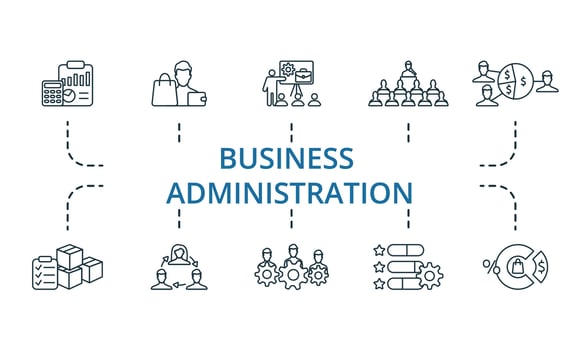 Business Administration icon set. Monochrome simple Business Administration icon collection. Accounting, Buyer, Career Training, Seminar, Profit Sharing, Inventory Control, Job Rotation, Labor vector