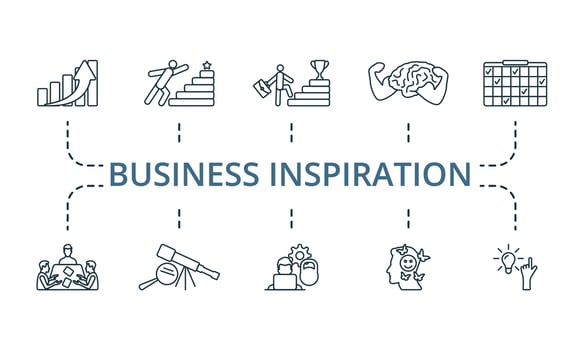 Business Inspiration icon set. Monochrome simple Business Inspiration icon collection. Growth, Motivation, Career, Mind Power, Planning, Meeting, Discover, Hard Work, Positive Thinking, Idea icon vector