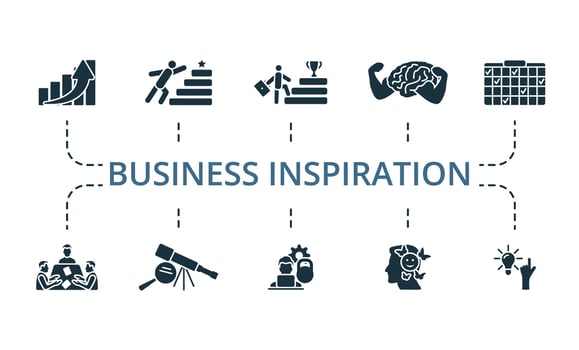 Business Inspiration icon set. Monochrome simple Business Inspiration icon collection. Growth, Motivation, Career, Mind Power, Planning, Meeting, Discover, Hard Work, Positive Thinking, Idea icon vector