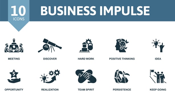 Business Impulse icon set. Monochrome simple Business Impulse icon collection. Meeting, Discover, Hard Work, Positive Thinking, Idea, Opportunity, Realization, Team Spirit, Persistence, Keep Going vector