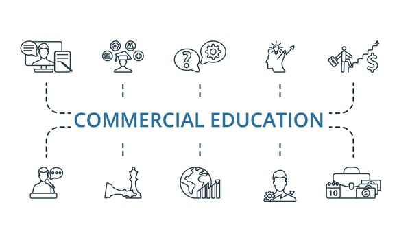 Commercial Education icon set. Monochrome simple Commercial Education icon collection. Online Training, Occupation, Consulting, Potencial, Career Advancement, Speech, Tactical Advantage, Global vector