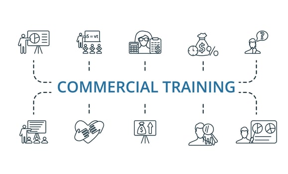 Commercial Training icon set. Monochrome simple Commercial Training icon collection. Presentation, Lessons, Accounting Staff, Loan, Thinking, Teaching, Help, Economy Project, Human Analysis, Business vector