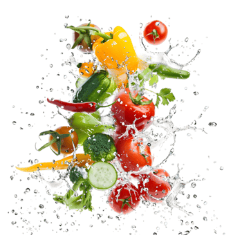 Fresh vegetables with water splash isolated on a transparent background png