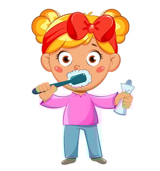 Happy cute girl brushes teeth. vector