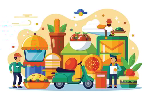 An illustration of food delivery service workers using a scooter and ordering food online. vector
