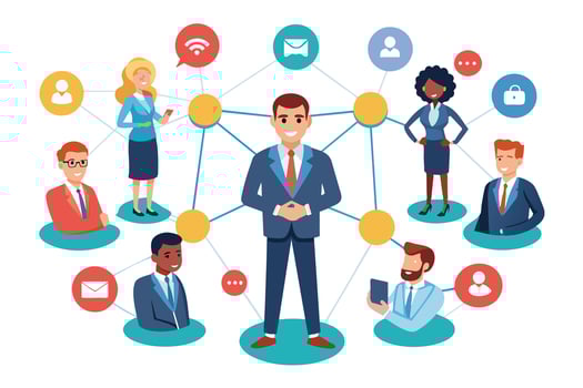 A business professional stands at the center of a network connecting to various other individuals. vector