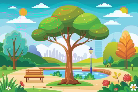A cartoon illustration depicting a city park with a large tree, a pond, a bench, and a lamp post. The sun is shining, and the park is filled with vibrant colors. vector