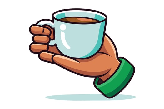 A cartoon hand, with a green sleeve, is holding a cup of coffee. vector