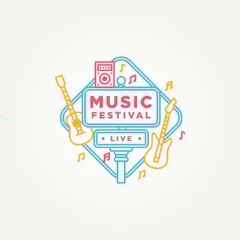 simple modern street sign live music festival with music instruments line art badge icon logo illustration design vector