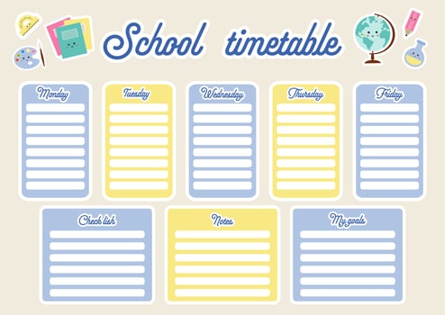 Education lessons plan. Template school timetable for students or pupils. Timetable for elementary school. Weekly planner template with cartoon school objects and symbols. Back to school planner. vector