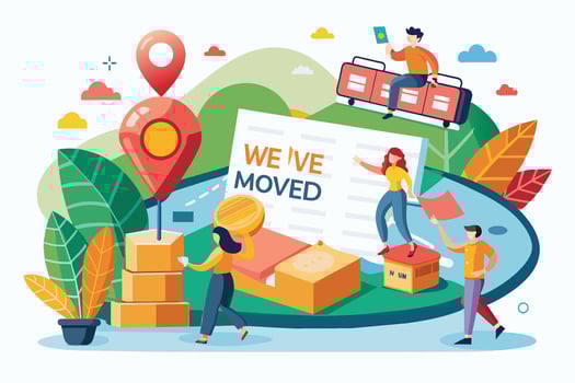 Illustration of people moving to a new location, with boxes, a map, and a sign that says Weve Moved. vector