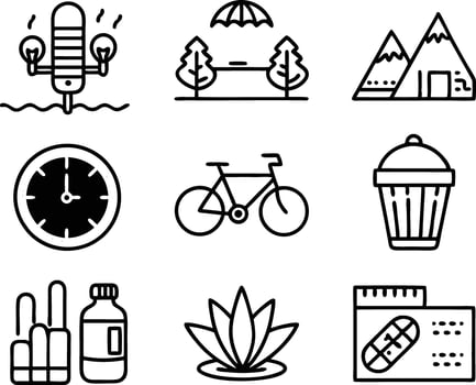 set of lifestyle icon line art. leisure, healthy, happy, sport, active, nature, beautiful, young, travel, fitness vector