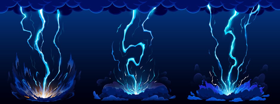 Cartoon blue lightning, thunder strike flashes vector