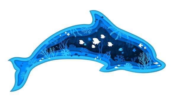 Paper cut blue dolphin silhouette, landscape, fish vector