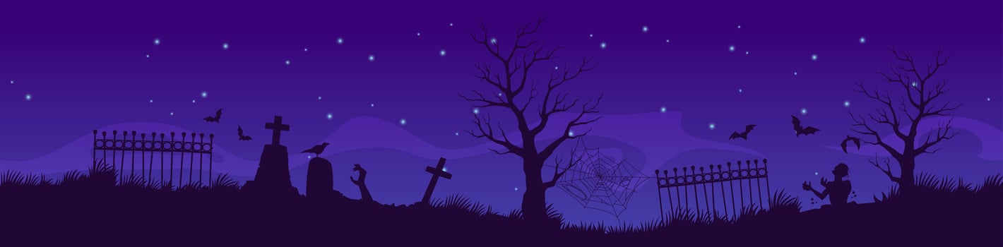 Halloween cemetery silhouettes of zombies and bats vector