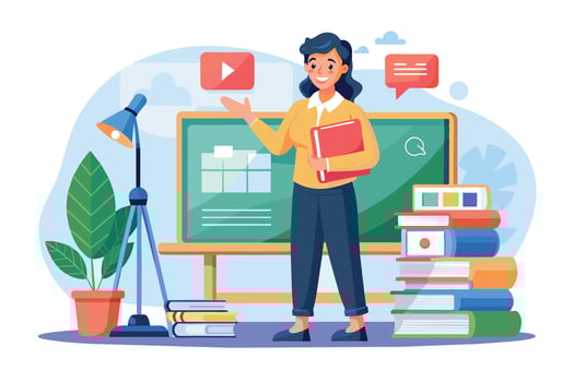 Illustrated teacher in front of green chalkboard in online classroom setting holding red book and gesturing towards play icon for online learning. vector