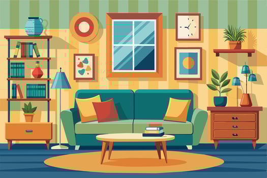 This illustration depicts a cozy living room with a green sofa, a coffee table, and a bookcase. The room is decorated with colorful artwork, plants, and a rug. vector