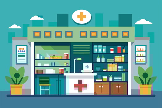A colorful illustration depicting the interior of a pharmacy shop, featuring shelves filled with medicines, a counter with a red cross, and plants in pots. vector